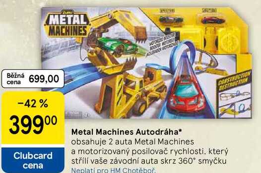 Metal Machines Autodráha, obsahuje 2 auta Metal Machines CONSTRUCTION DESTRUCTION a motorizovaný posilovač rychlosti, který střílí vaše závodní auta skrz 360° smyčku  