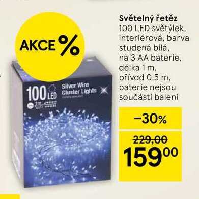 Světelný řetěz, 100 LED světýlek. interiérová, barva studená bílá, na 3 AA baterie, délka 1 m, přívod 0,5 m. baterie nejsou součástí balení  