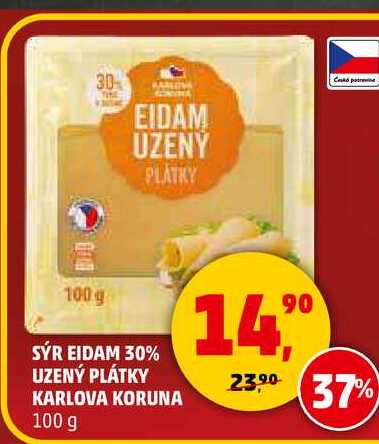 SÝR EIDAM 30% UZENÝ PLÁTKY KARLOVA KORUNA, 100 g