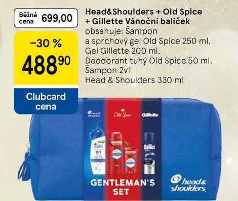 Head&Shoulders + Old Spice + Gillette Vánoční balíček obsahuje: Šampon a sprchový gel Old Spice 250 ml. Gel Gillette 200 ml. Deodorant tuhý Old Spice 50 ml, Šampon 2v1 Head & Shoulders 330 ml