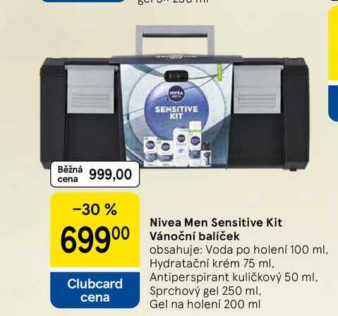 Nivea Men Sensitive Kit Vánoční balíček obsahuje: Voda po holení 100 ml. Hydratační krém 75 ml, Antiperspirant kuličkový 50 ml. Sprchový gel 250 ml. Gel na holení 200 ml