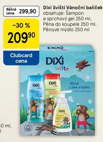 Dixi Svišti Vánoční balíček obsahuje: Šampon a sprchový gel 250 ml, Pěna do koupele 250 ml. Pěnové mýdlo 250 ml