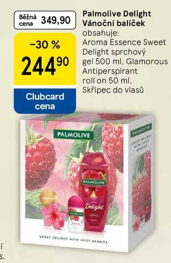 Palmolive Delight Vánoční balíček obsahuje: Aroma Essence Sweet Delight sprchový gel 500 ml, Glamorous Antiperspirant roll on 50 ml, Skřipec do vlasů