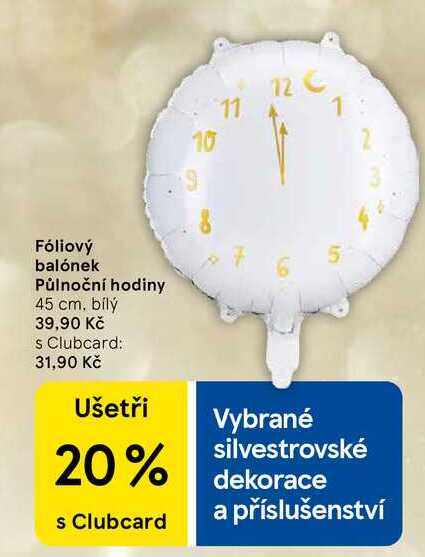 Fóliový balónek Půlnoční hodiny 45 cm, bílý