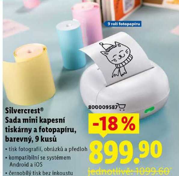 SilvercrestⓇ Sada mini kapesní tiskárny a fotopapíru, barevný, 9 kusů 