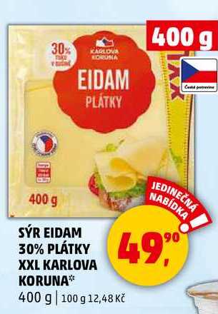 SÝR EIDAM 30% PLÁTKY XXL KARLOVA KORUNA, 400 g