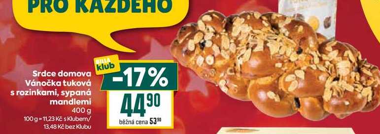 Srdce domova Vánočka tuková s rozinkami, sypaná mandlemi 400 g