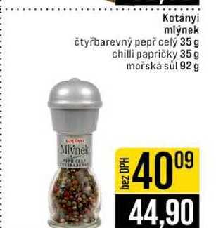 Kotányi mlýnek čtyřbarevný pepř celý 35 g chilli papričky 35 g mořská sůl 92 g