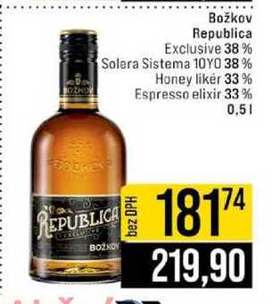 Božkov Republica Exclusive 38% Solera Sistema 10YO 38% Honey liker 33% Espresso elixir 33% 0,5l