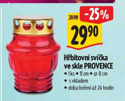 Hřbitovní svíčka ve skle PROVENCE 1ks 11 cm 8 cm