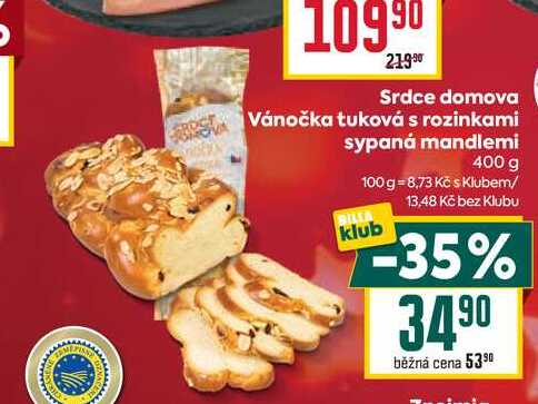 Srdce domova Vánočka tuková s rozinkami sypaná mandlemi 400 g