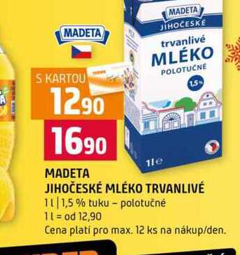 MADETA JIHOČESKÉ MLÉKO TRVANLIVÉ 1l 1,5 % tuku polotučné