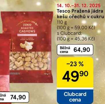 Tesco Pražená jádra kešu ořechů v cukru, 110 g 