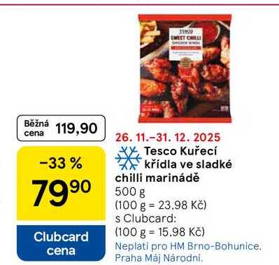 Tesco Kuřecí křídla ve sladké chilli marinádě, 500 g