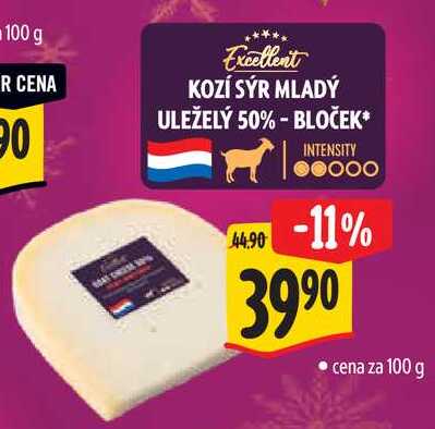 KOZÍ SÝR MLADÝ ULEŽELÝ 50% - BLOČEK, cena za 100 g 