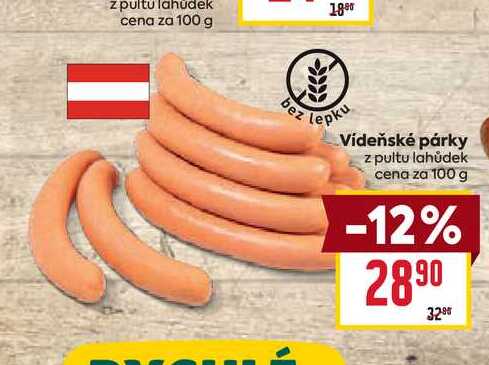 Vídeňské párky z pultu lahůdek cena za 100 g 