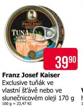 Franz Josef Kaiser Exclusive tuňák ve vlastní šťávě nebo ve slunečnicovém oleji 170 g 