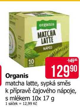 Organis matcha latte, sypká směs k přípravě čajového nápoje, s mlékem 10x 17 g 