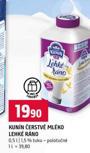 KUNÍN ČERSTVÉ MLÉKO LEHKÉ RÁNO 0,5l 1,5% tuku polotučné