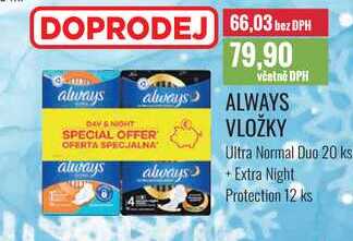 ALWAYS VLOŽKY Ultra Normal Duo 20 ks + Extra Night Protection 12 ks