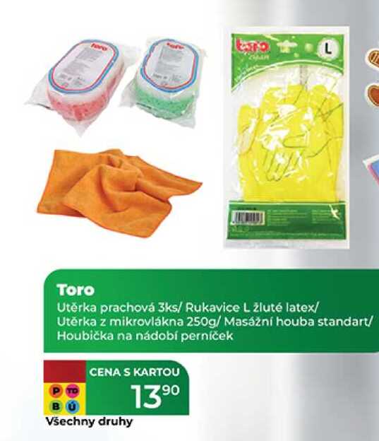 Toro Utěrka prachová 3ks/ Rukavice L žluté latex/ Utěrka z mikrovlákna 250g/ Masážní houba standart/ Houbička na nádobí perníček