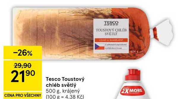 Tesco Toustový chléb světlý, 500 g. krájený  