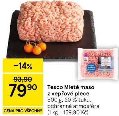 Tesco Mleté maso z vepřové plece, 500 g. 20 % tuku 