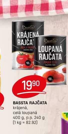 BASSTA RAJČATA krájená, celá loupaná 400 g. p.p. 240 g 
