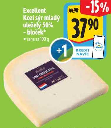 Excellent Kozí sýr mladý uleželý 50% -bloček, cena za 100 g 