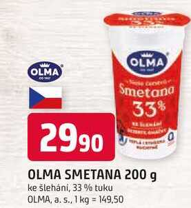 OLMA SMETANA 200 g ke šlehání, 33% tuku