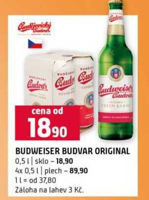 BUDWEISER BUDVAR ORIGINAL 0,5l sklo plech 4x 0,5l