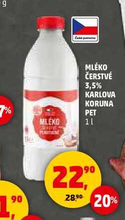MLÉKO ČERSTVÉ 3,5% KARLOVA KORUNA PET MLEKO, 1 l