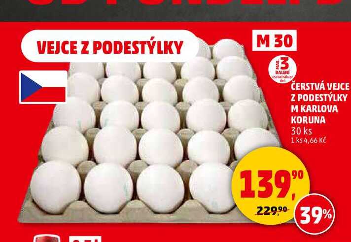 ČERSTVÁ VEJCE Z PODESTÝLKY M KARLOVA KORUNA, 30 ks