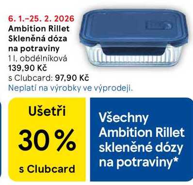 Ambition Rillet Skleněná dóza na potraviny obdélníková, 1 l 