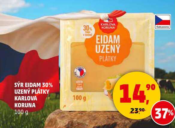 SÝR EIDAM 30% UZENÝ PLÁTKY KARLOVA KORUNA, 100 g 