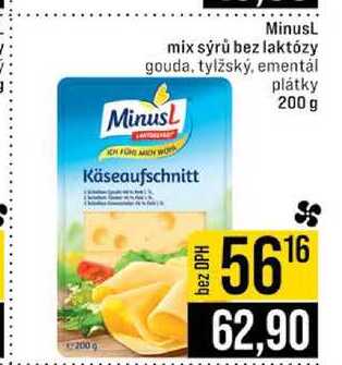 Minusl mix sýrů bez laktózy gouda, tylžský, ementál plátky 200 g