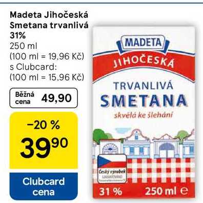 Madeta Jihočeská Smetana trvanlivá 31%, 250 ml