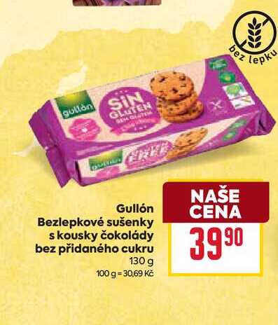 Gullón Bezlepkové sušenky s kousky čokolády bez přidaného cukru 130 g 