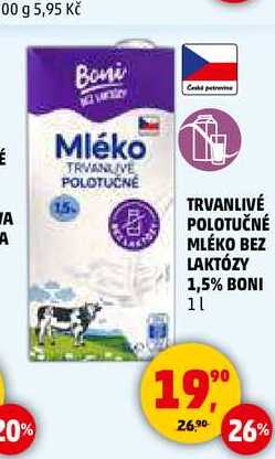 TRVANLIVÉ POLOTUČNÉ MLÉKO BEZ LAKTÓZY 1,5% BONI, 1 l