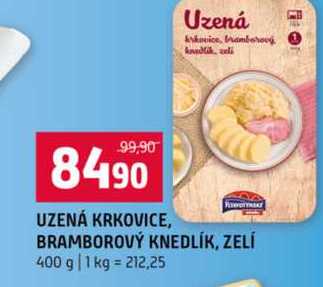 UZENÁ KRKOVICE, BRAMBOROVÝ KNEDLÍK, ZELÍ 400 g 