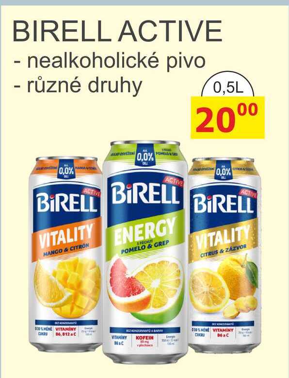 BIRELL ACTIVE nealkoholické pivo, různé druhy 0,5L
