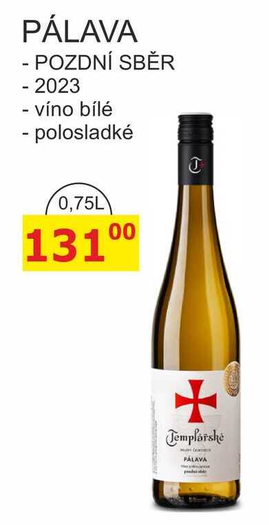 Templářské sklepy 0,75l PÁLAVA, POZDNÍ SBĚR 2023 polosladké