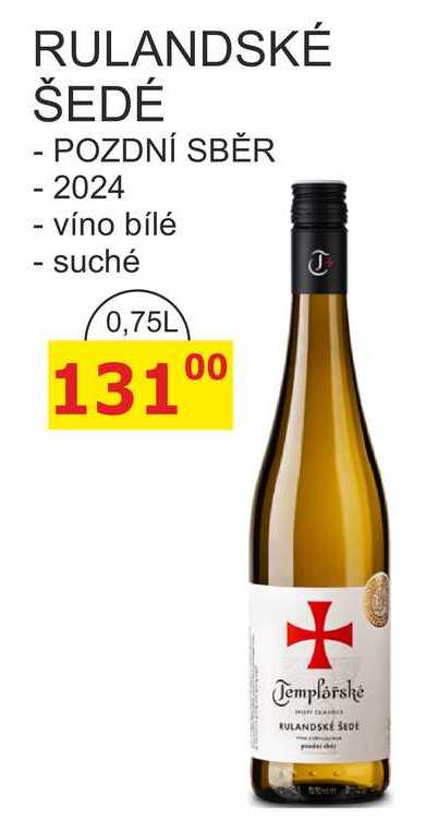 Templářské sklepy 0,75l RULANDSKÉ ŠEDÉ, POZDNÍ SBĚR 2024 suché víno