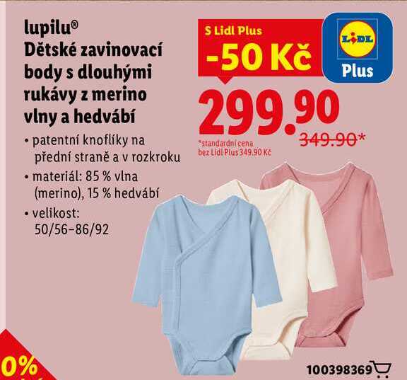 lupilu Dětské zavinovací body s dlouhými rukávy z merino vlny a hedvábí 