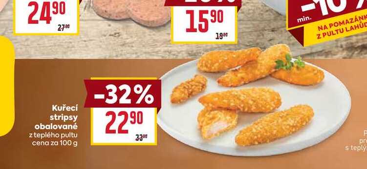Kuřecí stripsy obalované z teplého pultu cena za 100 g