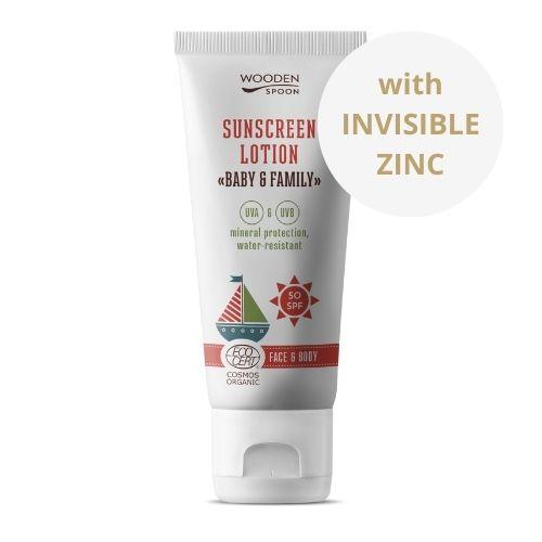 Woodenspoon Opalovací tělové mléko Baby & Family SPF50 v tubě - neviditelný zinek 100ml Lékárna LEMON