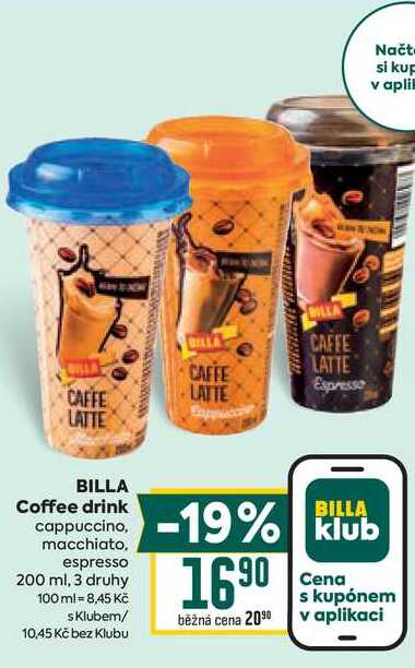 BILLA Coffee drink cappuccino, macchiato, espresso 200 ml