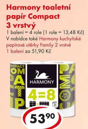 Harmony toaletní papír Compact 3 vrstvý, 4 role 