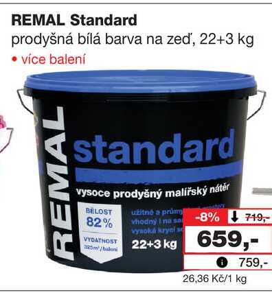 REMAL Standard prodyšná bílá barva na zeď, 22+3 kg