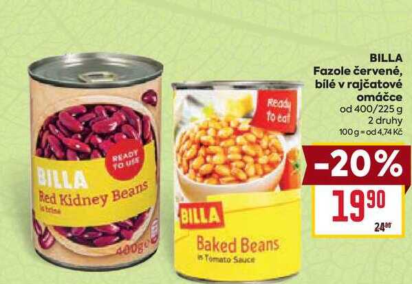 BILLA Fazole červené, bílé v rajčatové omáčce od 400/225 g 